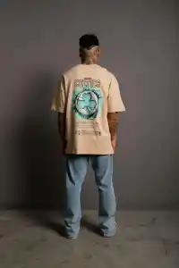 Erkek Kısa Kol Yazlık Tişört Bisiklet Yaka Baskılı Oversize T-Shirt - Bej
