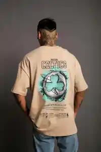 Erkek Kısa Kol Yazlık Tişört Bisiklet Yaka Baskılı Oversize T-Shirt - Bej