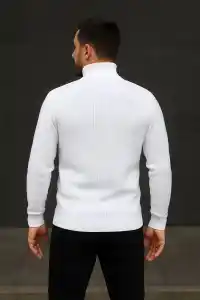 Erkek Tam Boğazlı Balıkçı Yaka Triko Kazak Kalın Fitilli - Beyaz