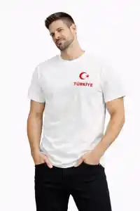 Erkek TÜRKİYE Ay Yıldız Baskılı Taraftar Forma T-Shirt - Beyaz