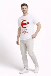 Erkek TÜRKİYE Ay Yıldız Baskılı Taraftar Forma T-Shirt - Beyaz