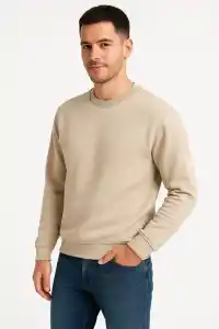Erkek 3 İplik Pamuklu Düz Bisiklet Yaka SweatShirt - Bej