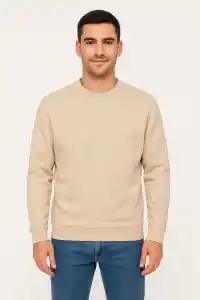 Erkek 3 İplik Pamuklu Düz Bisiklet Yaka SweatShirt - Bej