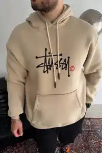Erkek Üç İplik Kapşonlu Baskılı SweatShirt - Bej
