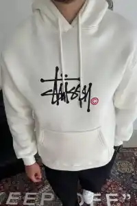 Erkek Üç İplik Kapşonlu Baskılı SweatShirt - Beyaz