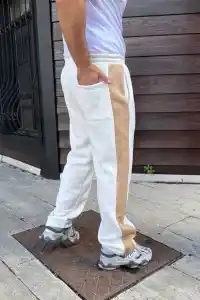 Erkek 3 İplik Pamukku Garnili Şeritli Cepli Eşofman Altı Pantolon - Beyaz