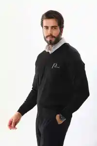 Erkek V Yaka Kazak Baskılı Dokuma Triko - Siyah
