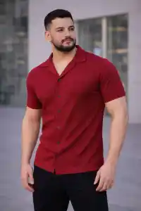 Erkek Waffle Kumaş Kısa Kollu Düğmeli Açık Yaka Regular Fit Gömlek - Kırmızı