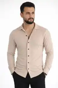 Erkek Waffle Kumaş Uzun Kollu Düğmeli Açık Yaka Regular Fit Gömlek - Bej