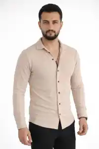 Erkek Waffle Kumaş Uzun Kollu Düğmeli Açık Yaka Regular Fit Gömlek - Bej