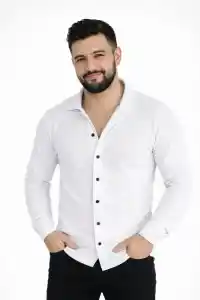 Erkek Waffle Kumaş Uzun Kollu Düğmeli Açık Yaka Regular Fit Gömlek - Beyaz