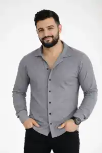 Erkek Waffle Kumaş Uzun Kollu Düğmeli Açık Yaka Regular Fit Gömlek - Füme