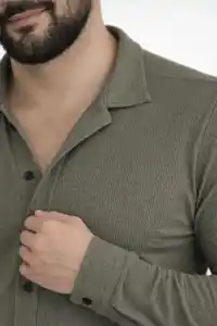 Erkek Waffle Kumaş Uzun Kollu Düğmeli Açık Yaka Regular Fit Gömlek - Haki