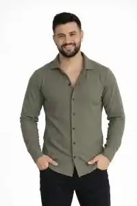 Erkek Waffle Kumaş Uzun Kollu Düğmeli Açık Yaka Regular Fit Gömlek - Haki