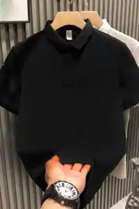 Erkek Polo Yaka Tişört Düğmeli Pike Düz T-Shirt - Siyah