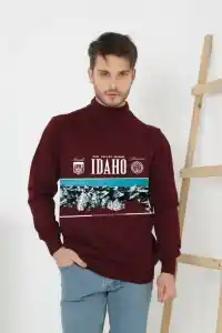 Erkek Yarım Boğazlı Kazak Baskılı Dokuma Triko - Bordo