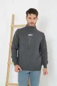 Erkek Yarım Boğazlı Kazak Baskılı Dokuma Triko - Füme