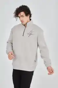 Erkek Yarım Fermuarlı Baskılı 3 iplik pamuklu sweatshirt - Boyalı Gri
