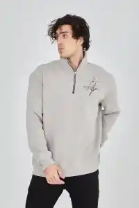 Erkek Yarım Fermuarlı Baskılı 3 iplik pamuklu sweatshirt - Boyalı Gri