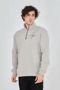 Erkek Yarım Fermuarlı Baskılı 3 iplik pamuklu sweatshirt - Boyalı Gri