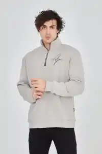 Erkek Yarım Fermuarlı Baskılı 3 iplik pamuklu sweatshirt - Boyalı Gri