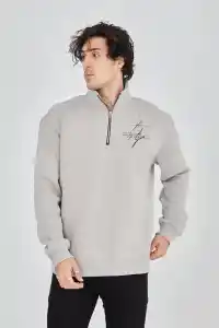 Erkek Yarım Fermuarlı Baskılı 3 iplik pamuklu sweatshirt - Boyalı Gri