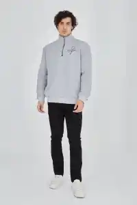 Erkek Yarım Fermuarlı Baskılı 3 iplik pamuklu sweatshirt - Gri
