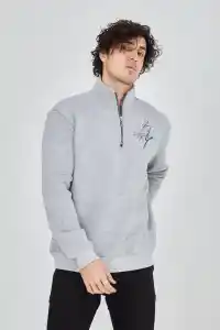 Erkek Yarım Fermuarlı Baskılı 3 iplik pamuklu sweatshirt - Gri
