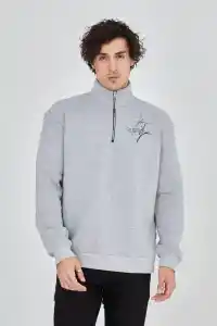 Erkek Yarım Fermuarlı Baskılı 3 iplik pamuklu sweatshirt - Gri