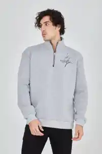 Erkek Yarım Fermuarlı Baskılı 3 iplik pamuklu sweatshirt - Gri