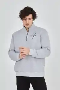 Erkek Yarım Fermuarlı Baskılı 3 iplik pamuklu sweatshirt - Gri