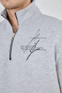 Erkek Yarım Fermuarlı Baskılı 3 iplik pamuklu sweatshirt - Gri