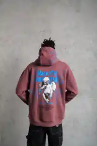 Erkek 3 İplik Pamuklu Kapüşonlu Baskılı Cepli Sweatshirt Hoodie - Gül Kurusu