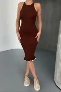 Kadın Fırfır Detaylı Triko Elbise- Kahverengi