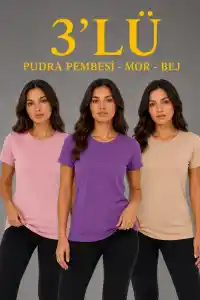 Kadın 3’lü Kısa Kollu Bisiklet Yaka Basic Slim Fit T-Shirt - Pudra Pembe - Mor - Bej