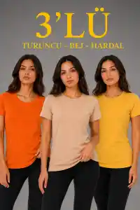 Kadın 3’lü Kısa Kollu Bisiklet Yaka Basic Slim Fit T-Shirt - Turuncu - Bej - Hardal