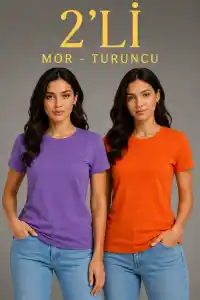 Kadın Basic Bisiklet Yaka Yazlık Slim fit T-Shirt - Mor & Turuncu