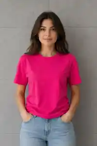 Kadın Basic Pamuklu Tişört Bisiklet Yaka Düz Renk Relaxed Fit T-Shirt - Fuşya