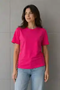 Kadın Basic Pamuklu Tişört Bisiklet Yaka Düz Renk Relaxed Fit T-Shirt - Fuşya