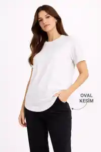 Kadın Basic T-Shirt Kısa Kol Bisiklet Yaka Oval Kesim Tişört - Beyaz