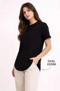 Kadın Basic T-Shirt Kısa Kol Bisiklet Yaka Oval Kesim Tişört - Siyah