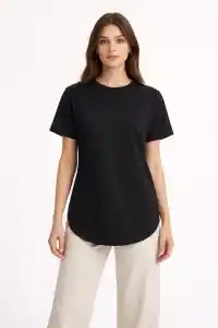Kadın Basic T-Shirt Kısa Kol Bisiklet Yaka Oval Kesim Tişört - Siyah