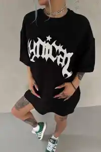 Kadın Baskılı Bisiklet Yaka T-Shirt - Siyah