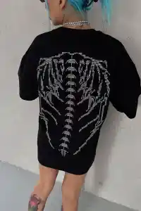 Kadın Baskılı Bisiklet Yaka T-Shirt - Siyah