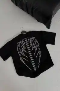 Kadın Baskılı Bisiklet Yaka T-Shirt - Siyah