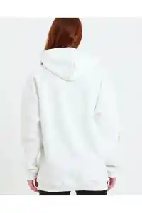 Kadın Oversize Kapüşonlu Cepli Ön Kol Baskılı 3 İplik Pamuklu Hoodie Sweatshirt - Beyaz