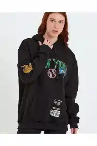 Kadın Oversize Kapüşonlu Cepli Ön Kol Baskılı 3 İplik Pamuklu Hoodie Sweatshirt - Siyah