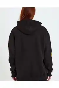 Kadın Oversize Kapüşonlu Cepli Ön Kol Baskılı 3 İplik Pamuklu Hoodie Sweatshirt - Siyah