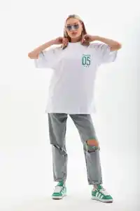 Kadın Baskılı kısa kol  Oversize T-Shirt - Beyaz
