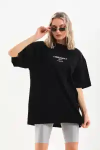 Kadın Baskılı Oversize Kısa kol  T-Shirt - Siyah